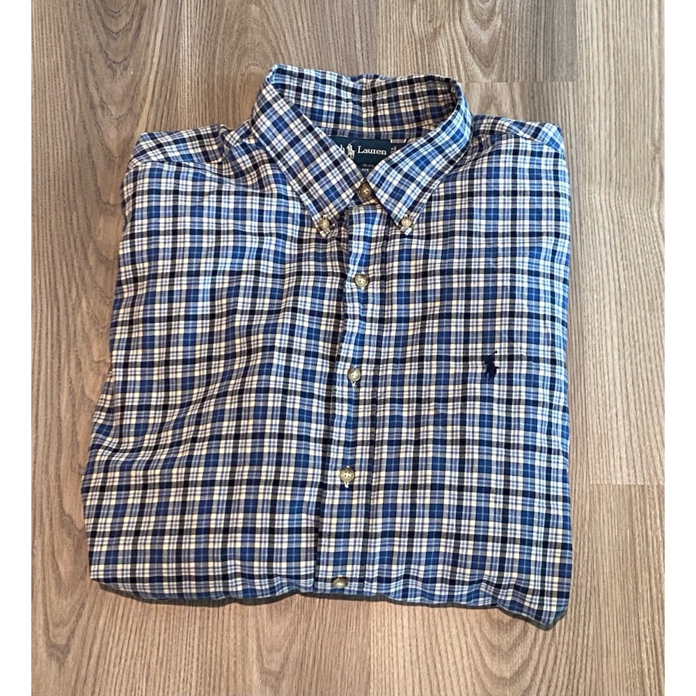 Ralph Lauren Classic Fit Blue Button Front Plaid Shirt Mens size 2XL XXL
